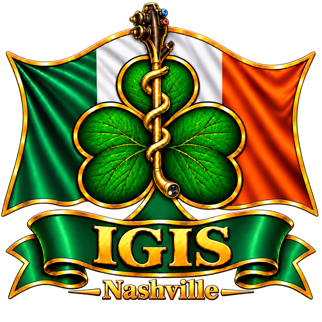 IGIS Nashville emblem with Irish flag, shamrock and gold gastroscope